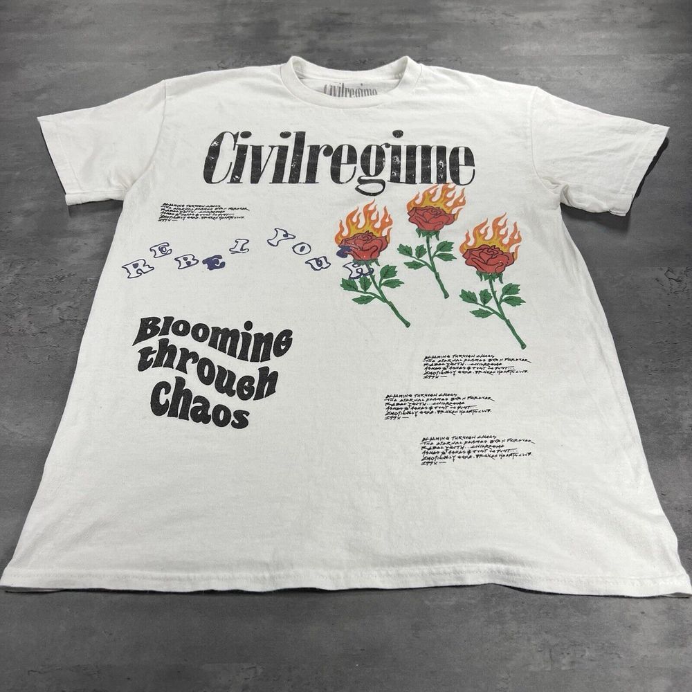 Civil Regime Shirt Adult Medium White Faded Distressed Look Rose Flame Fire Punk